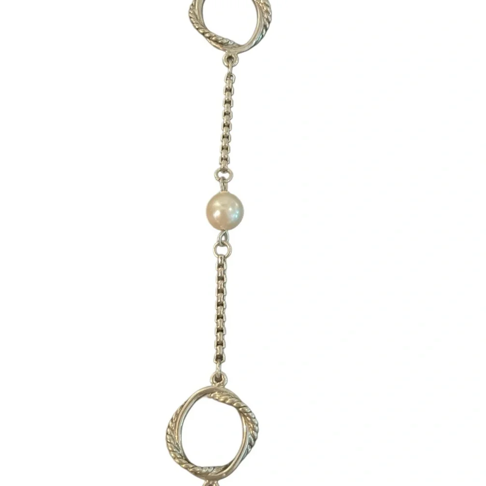 Long Silver Necklace Circle Oval & Pearl Chain Lobster Retro BoHo Soft Girl